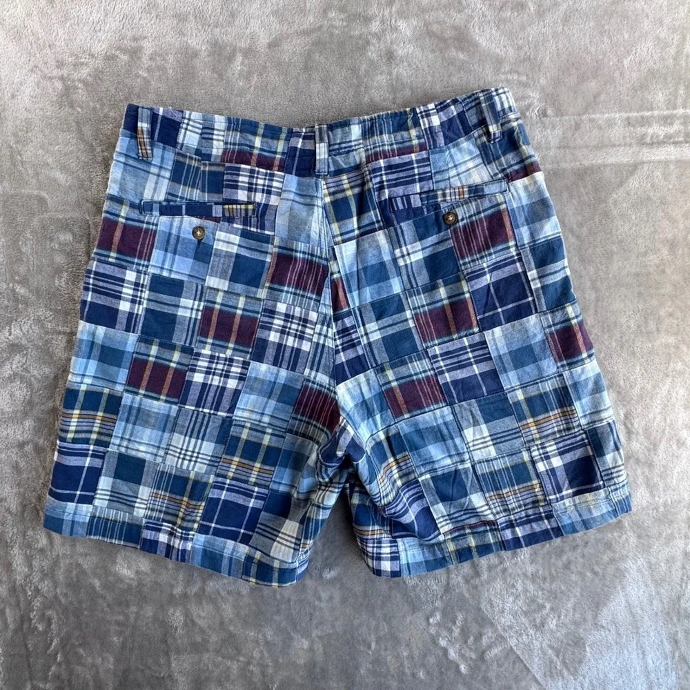 St Johns Bay Patchwork Plaid‎ Shorts Mens 38 Blue Madras Preppy Coastal Cotton